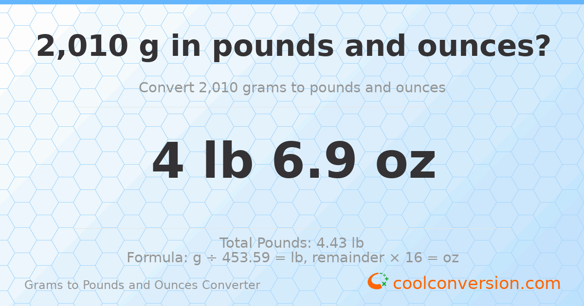 2010 g to lb and oz — 2010 g = 4 lb 6.9 oz