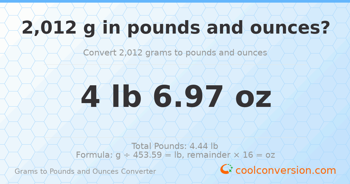 2012 g to lb and oz — 2012 g = 4 lb 6.97 oz