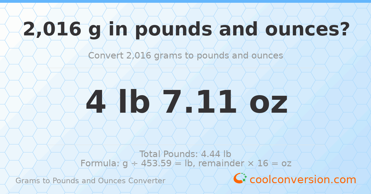 2016 g to lb and oz — 2016 g = 4 lb 7.11 oz