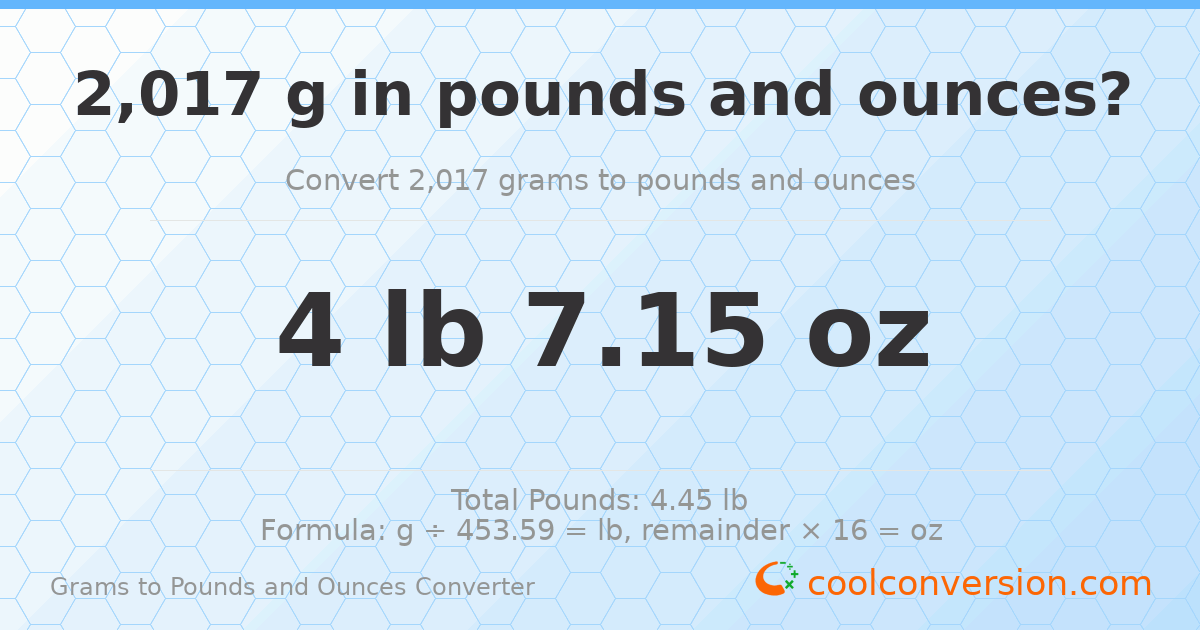 2017 g to lb and oz — 2017 g = 4 lb 7.15 oz