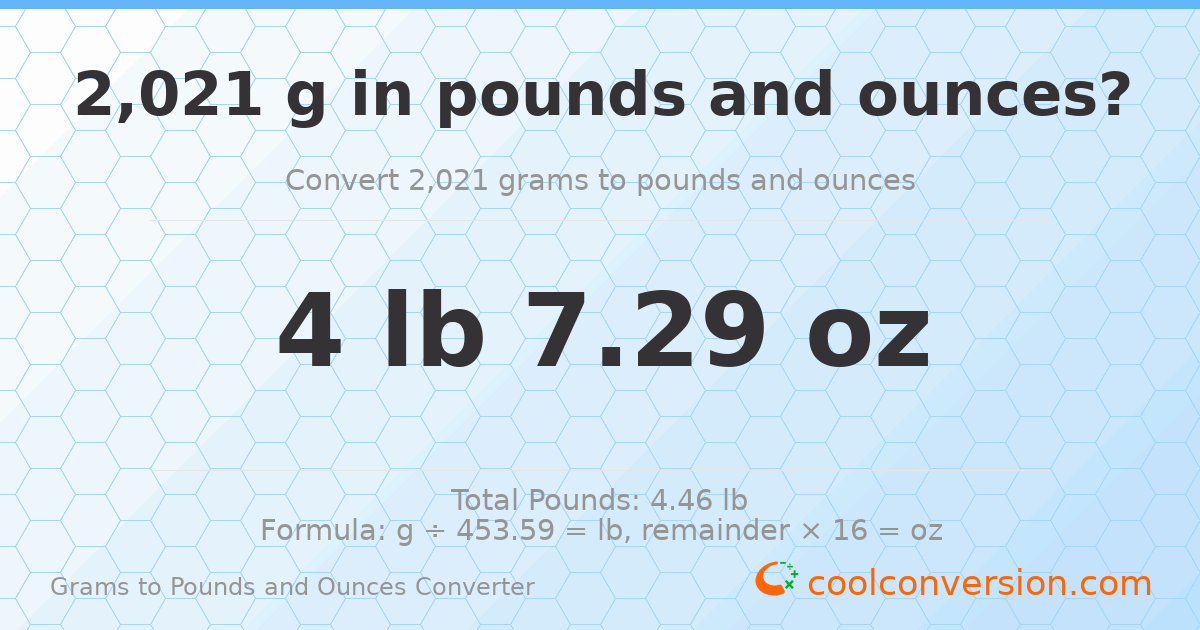 2021 g to lb and oz — 2021 g = 4 lb 7.29 oz