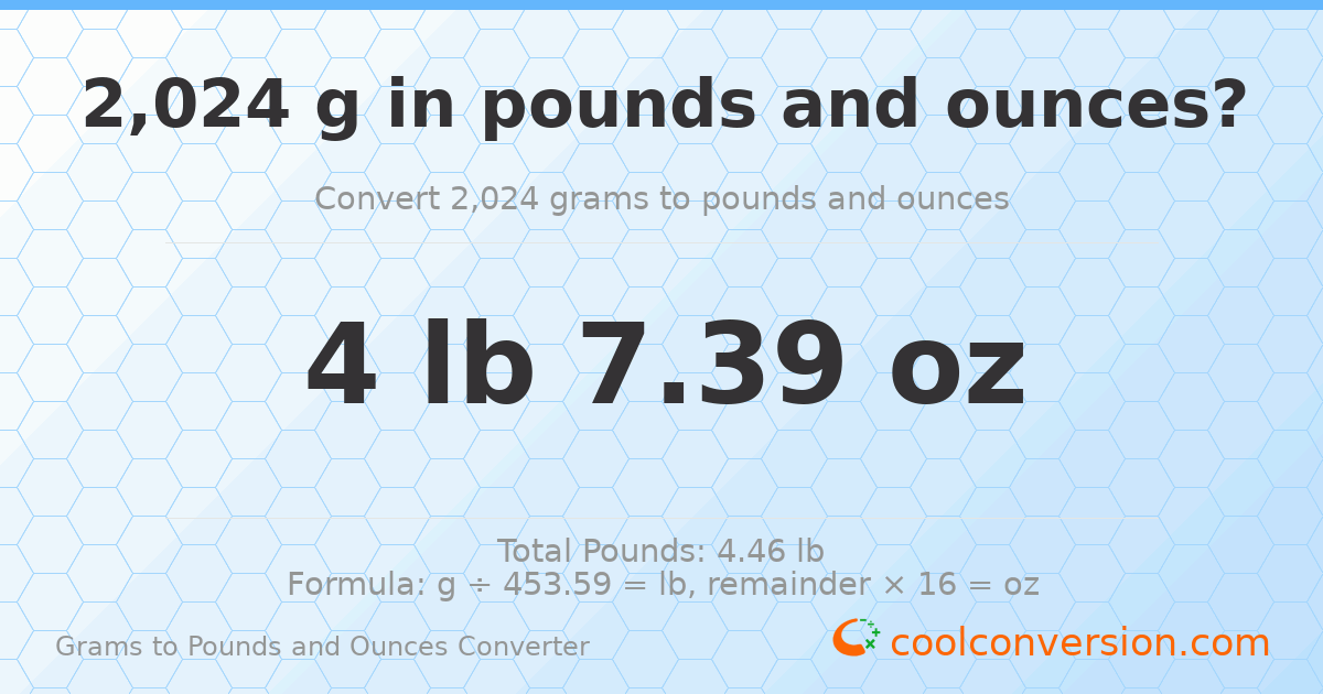 2024 g to lb and oz — 2024 g = 4 lb 7.39 oz