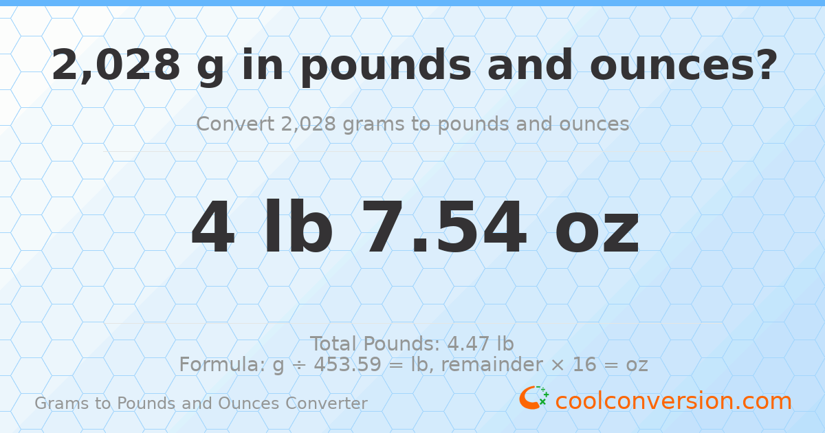 2028 g to lb and oz — 2028 g = 4 lb 7.54 oz