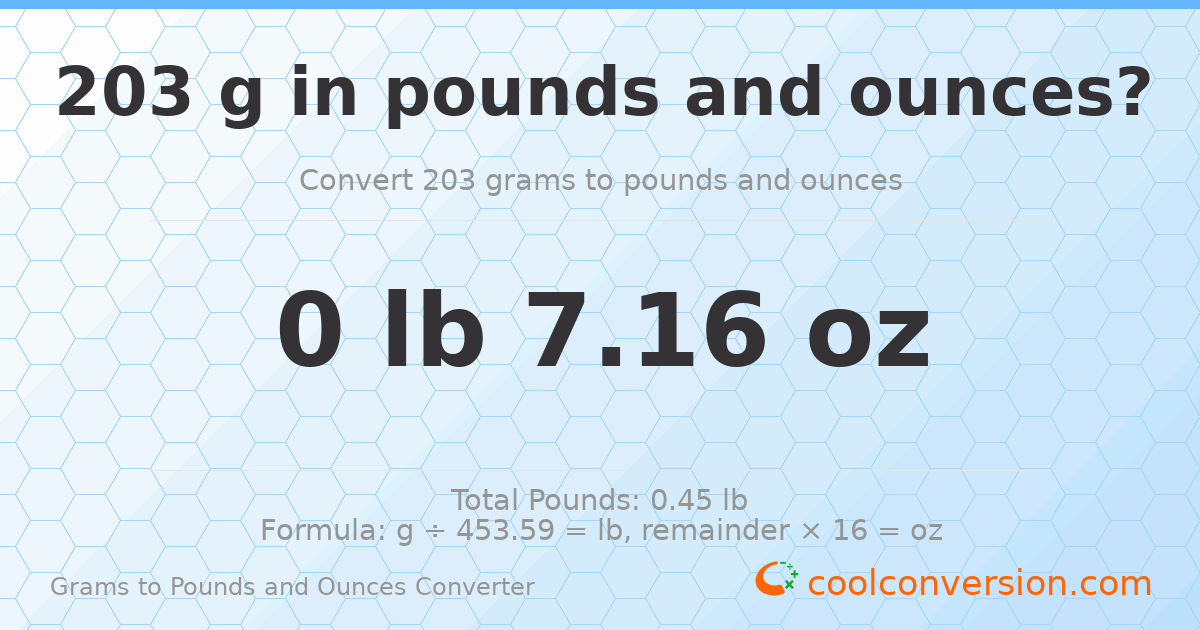 203 g to lb and oz — 203 g = 0 lb 7.16 oz
