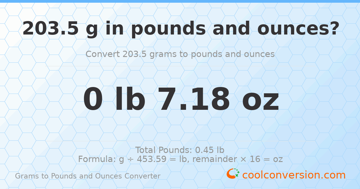 203.5 g to lb and oz — 203.5 g = 0 lb 7.18 oz