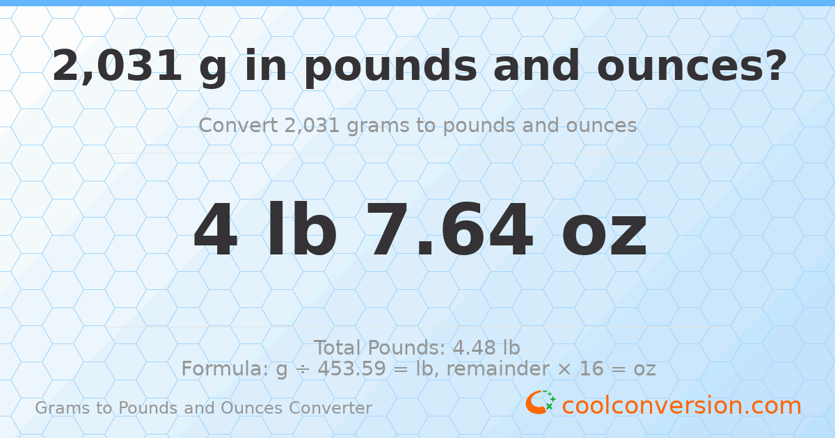 2031 g to lb and oz — 2031 g = 4 lb 7.64 oz