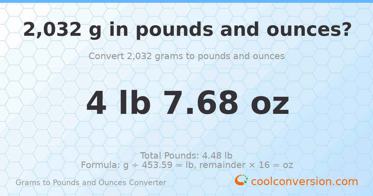 2032 g to lb and oz — 2032 g = 4 lb 7.68 oz