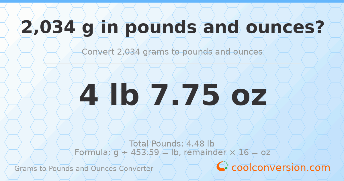 2034 g to lb and oz — 2034 g = 4 lb 7.75 oz