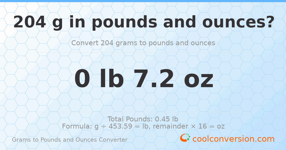 204 g to lb and oz — 204 g = 0 lb 7.2 oz