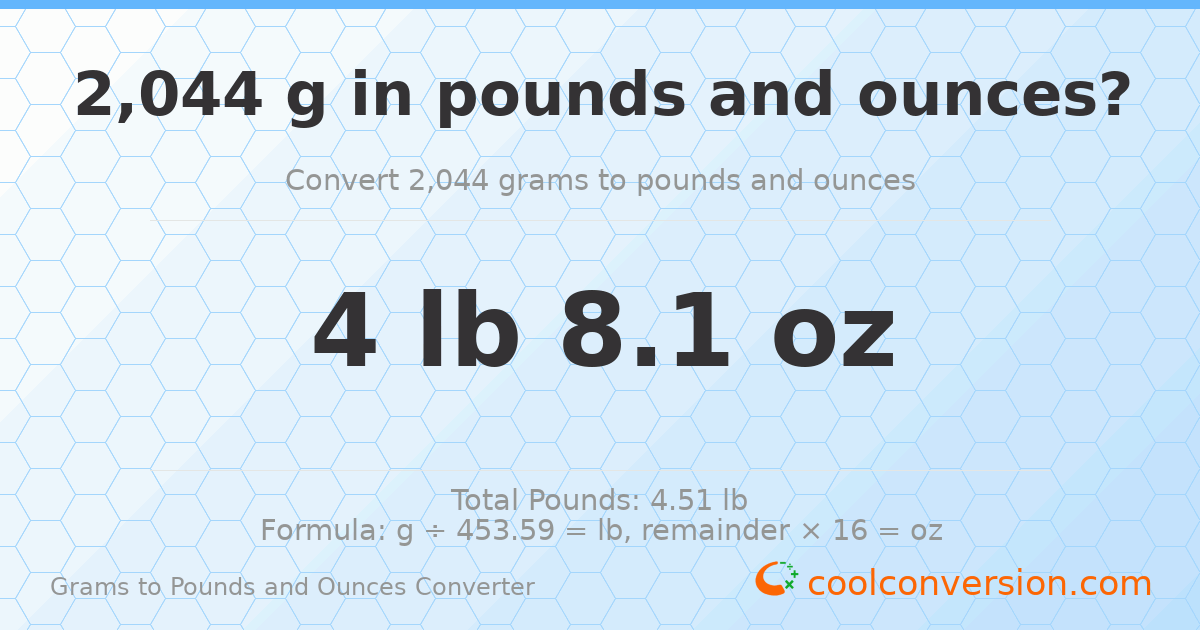 2044 g to lb and oz — 2044 g = 4 lb 8.1 oz