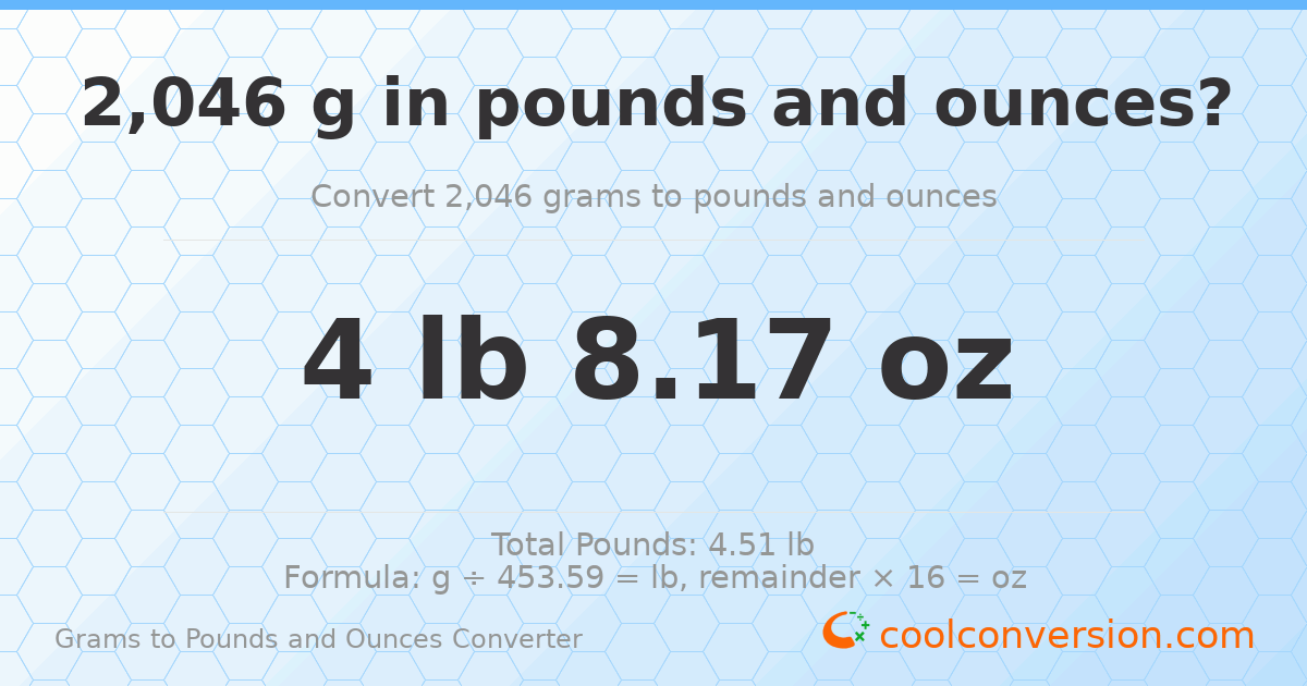 2046 g to lb and oz — 2046 g = 4 lb 8.17 oz