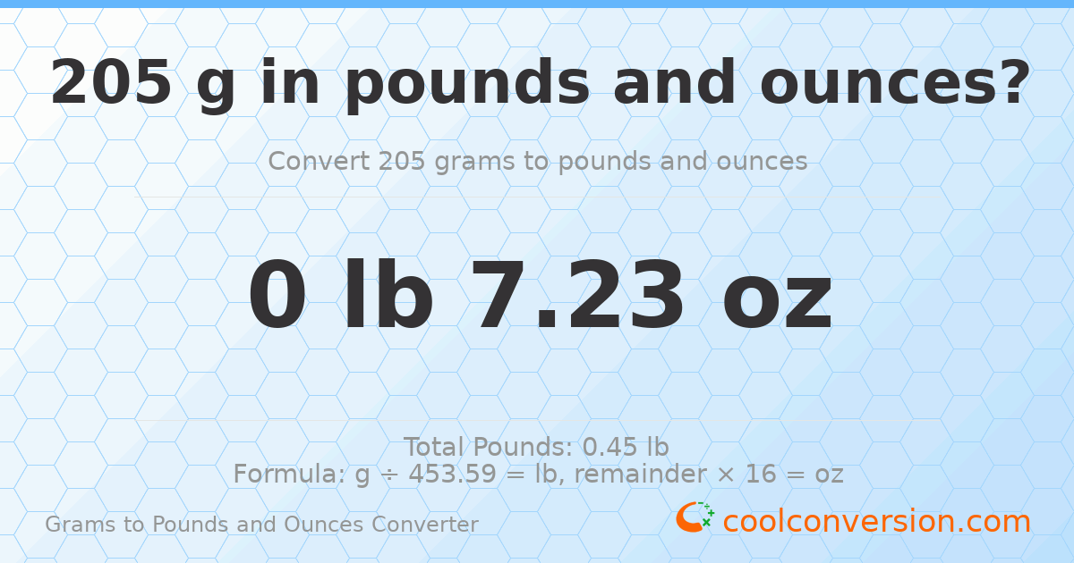 205 g to lb and oz — 205 g = 0 lb 7.23 oz