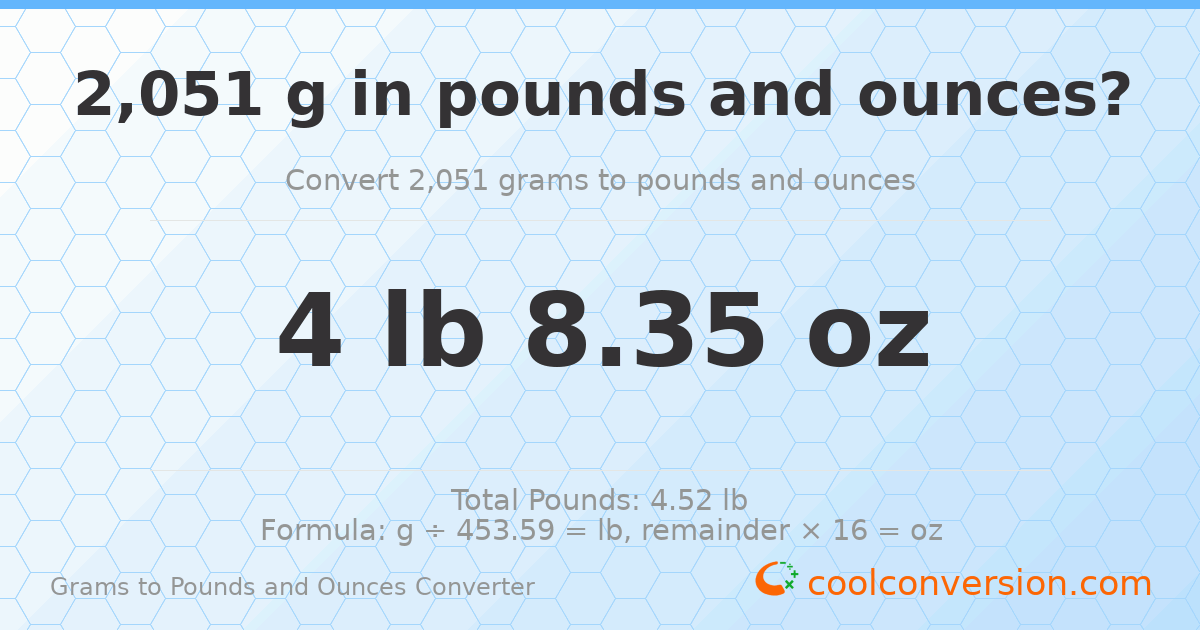 2051 g to lb and oz — 2051 g = 4 lb 8.35 oz