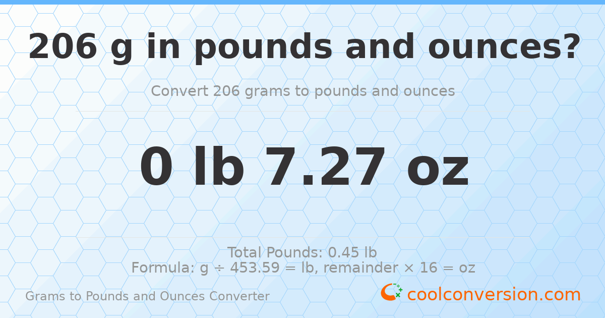 206 g to lb and oz — 206 g = 0 lb 7.27 oz