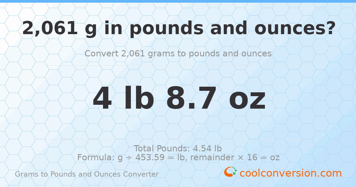 2061 g to lb and oz — 2061 g = 4 lb 8.7 oz
