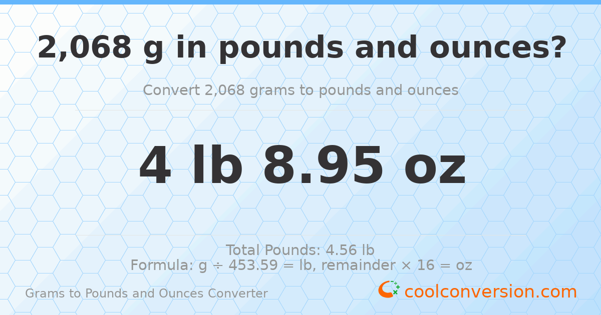 2068 g to lb and oz — 2068 g = 4 lb 8.95 oz