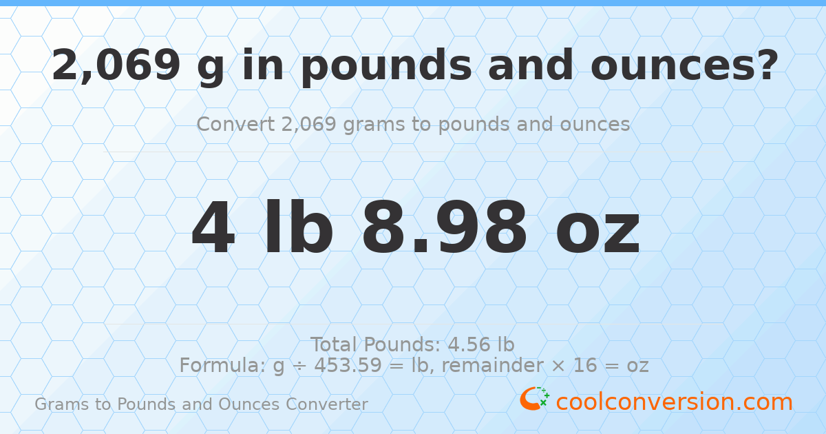 2069 g to lb and oz — 2069 g = 4 lb 8.98 oz
