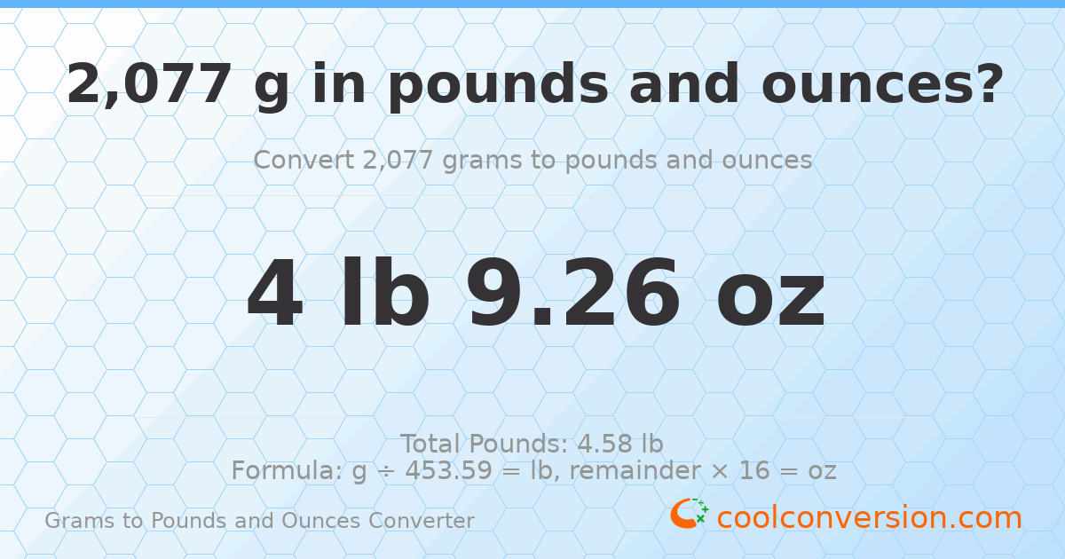 2077 g to lb and oz — 2077 g = 4 lb 9.26 oz