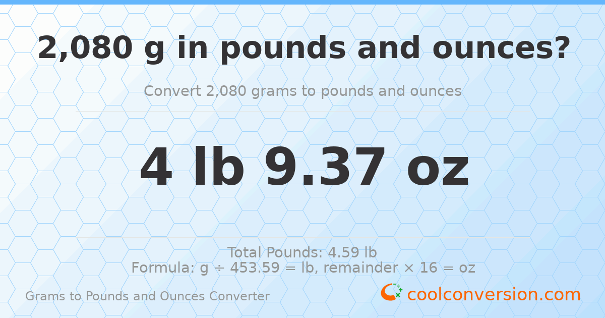 2080 g to lb and oz — 2080 g = 4 lb 9.37 oz