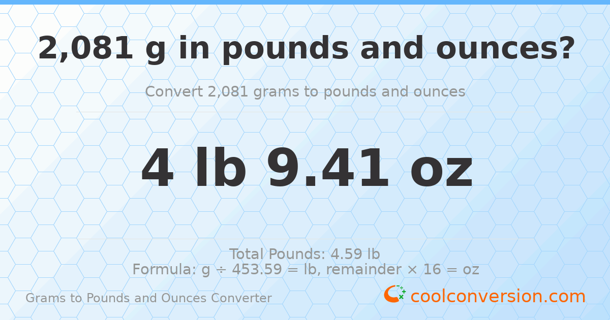 2081 g to lb and oz — 2081 g = 4 lb 9.41 oz