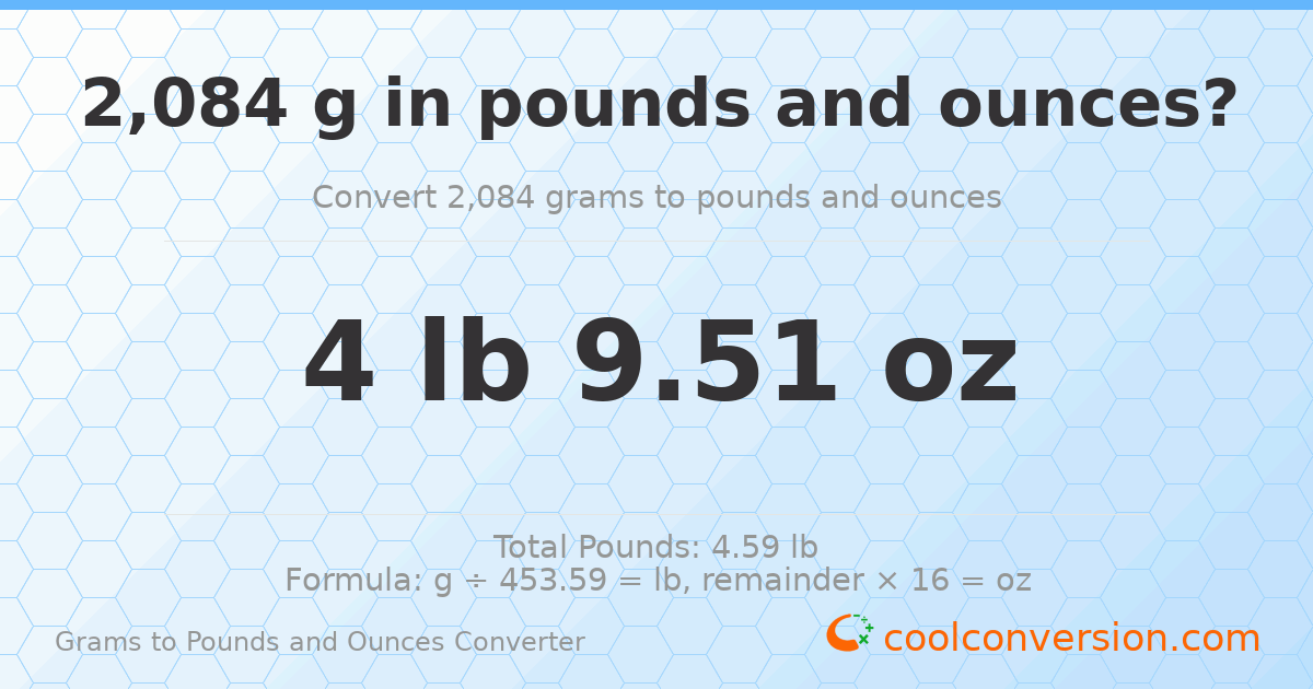 2084 g to lb and oz — 2084 g = 4 lb 9.51 oz