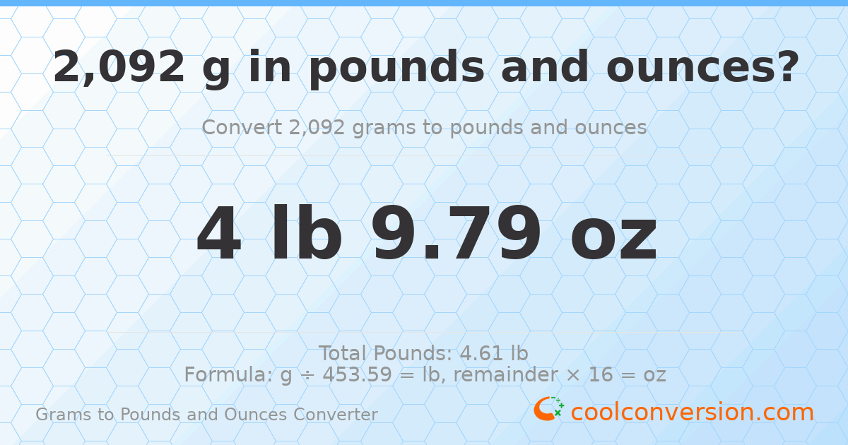 2092 g to lb and oz — 2092 g = 4 lb 9.79 oz