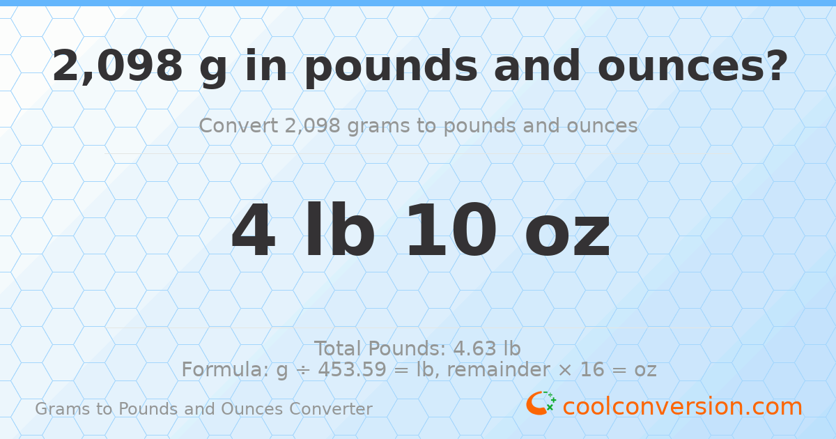 2098 g to lb and oz — 2098 g = 4 lb 10 oz
