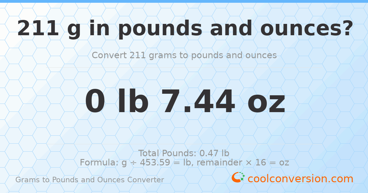 211 g to lb and oz — 211 g = 0 lb 7.44 oz