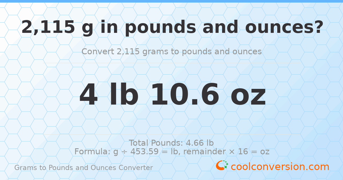 2115 g to lb and oz — 2115 g = 4 lb 10.6 oz