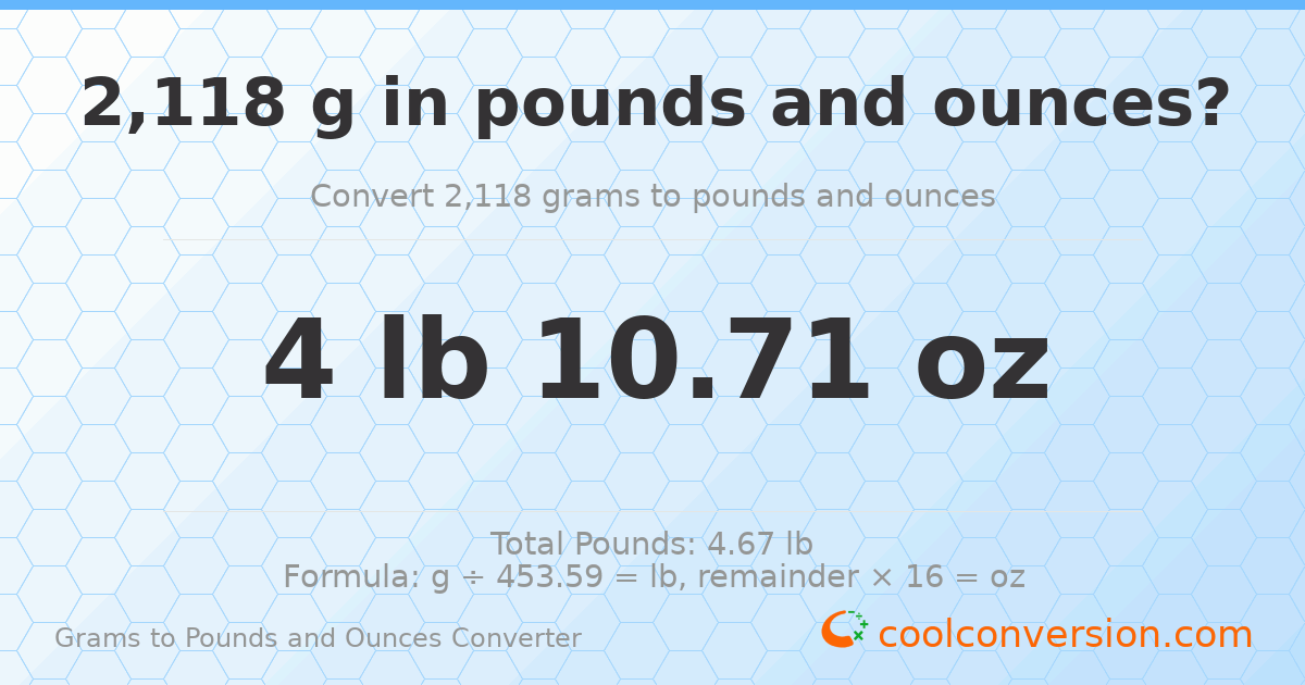 2118 g to lb and oz — 2118 g = 4 lb 10.71 oz