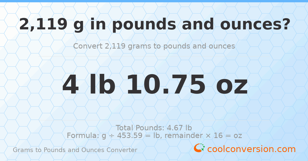 2119 g to lb and oz — 2119 g = 4 lb 10.75 oz