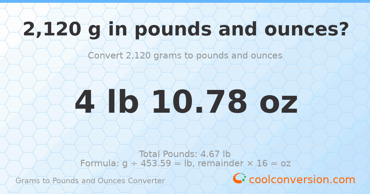 2120 g to lb and oz — 2120 g = 4 lb 10.78 oz