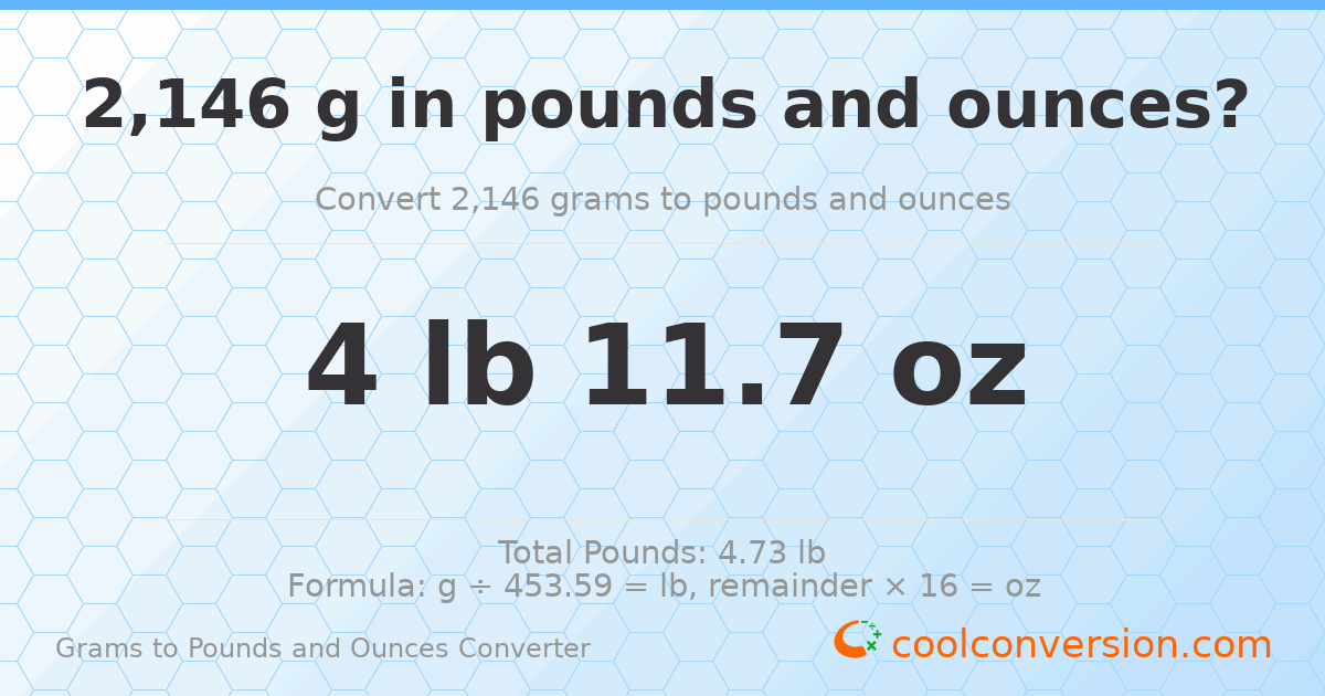 2146 g to lb and oz — 2146 g = 4 lb 11.7 oz