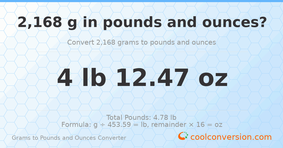 2168 g to lb and oz — 2168 g = 4 lb 12.47 oz