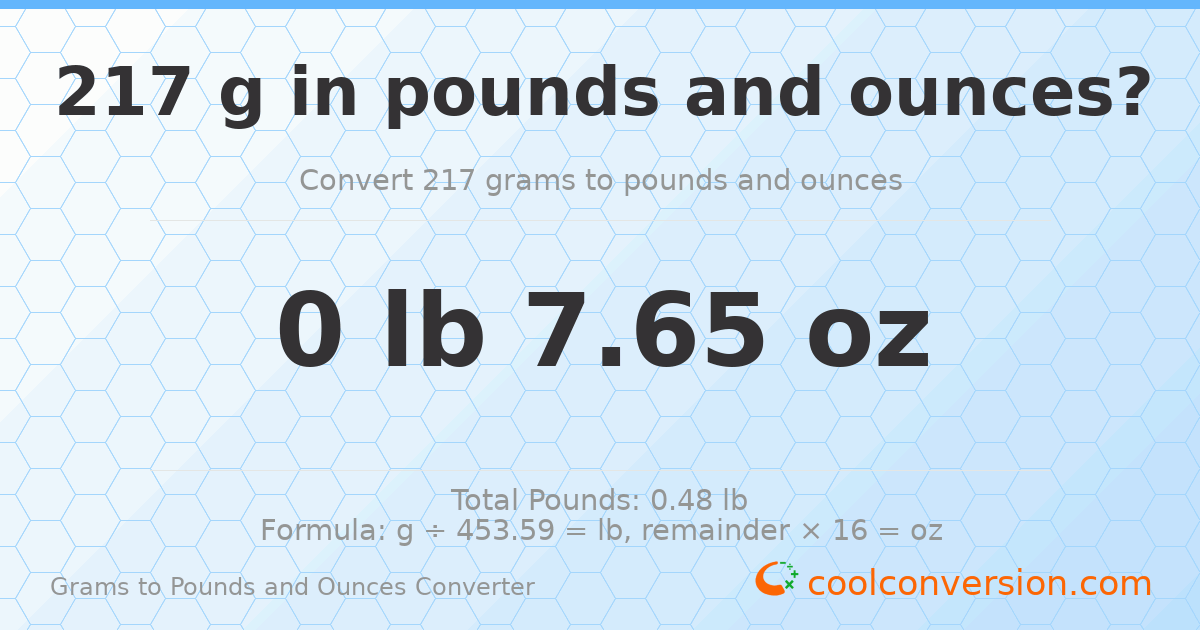 217 g to lb and oz — 217 g = 0 lb 7.65 oz