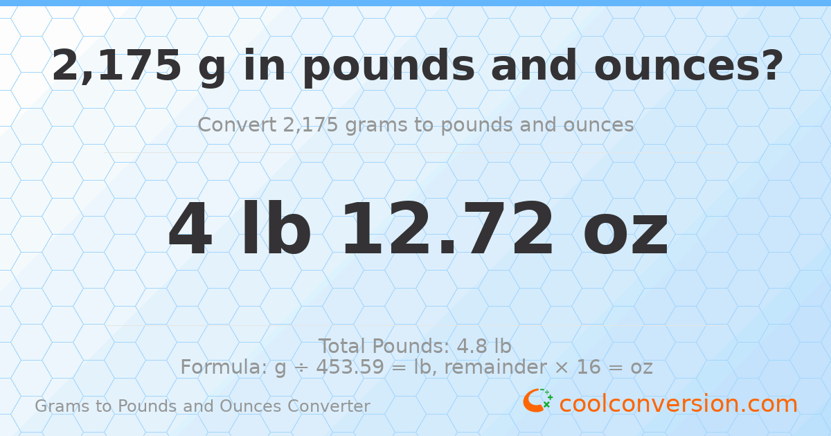 2175 g to lb and oz — 2175 g = 4 lb 12.72 oz