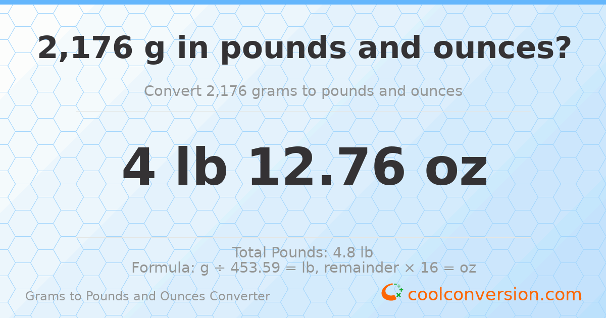 2176 g to lb and oz — 2176 g = 4 lb 12.76 oz