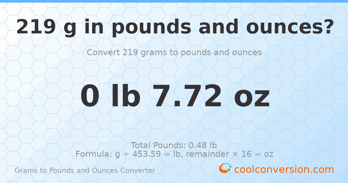 219 g to lb and oz — 219 g = 0 lb 7.72 oz