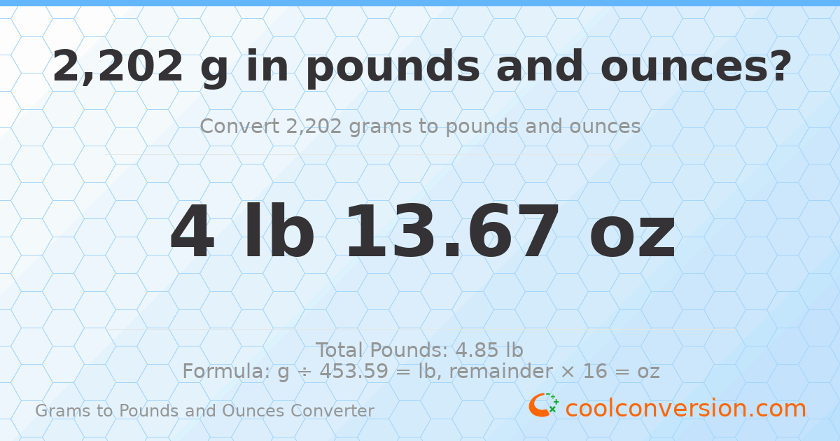 2202 g to lb and oz — 2202 g = 4 lb 13.67 oz