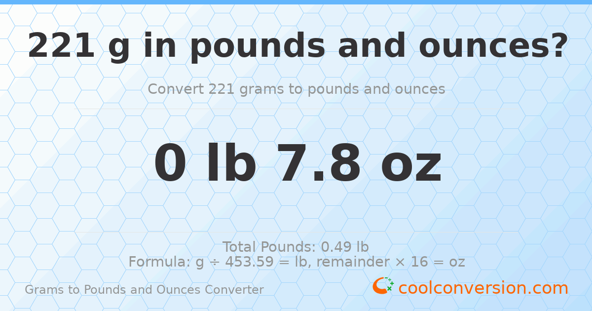 221 g to lb and oz — 221 g = 0 lb 7.8 oz