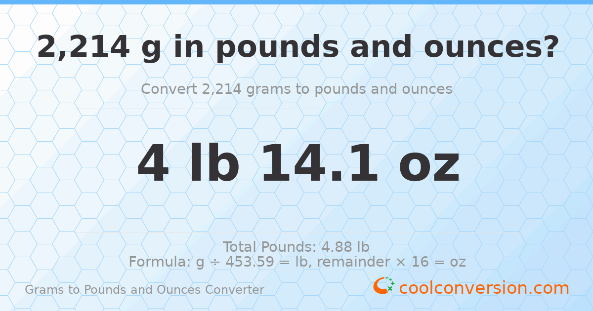 2214 g to lb and oz — 2214 g = 4 lb 14.1 oz