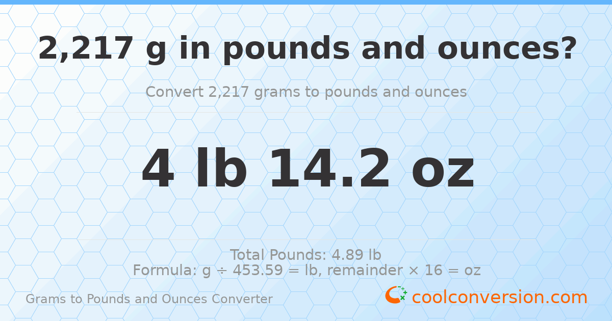 2217 g to lb and oz — 2217 g = 4 lb 14.2 oz