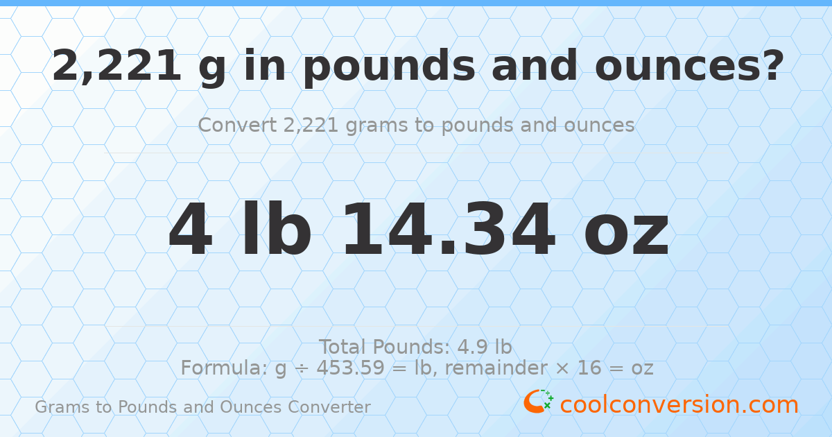 2221 g to lb and oz — 2221 g = 4 lb 14.34 oz