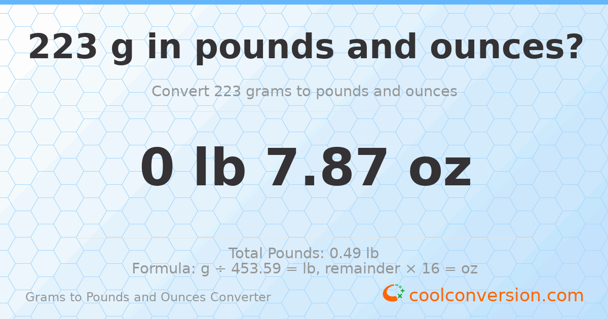 223 g to lb and oz — 223 g = 0 lb 7.87 oz