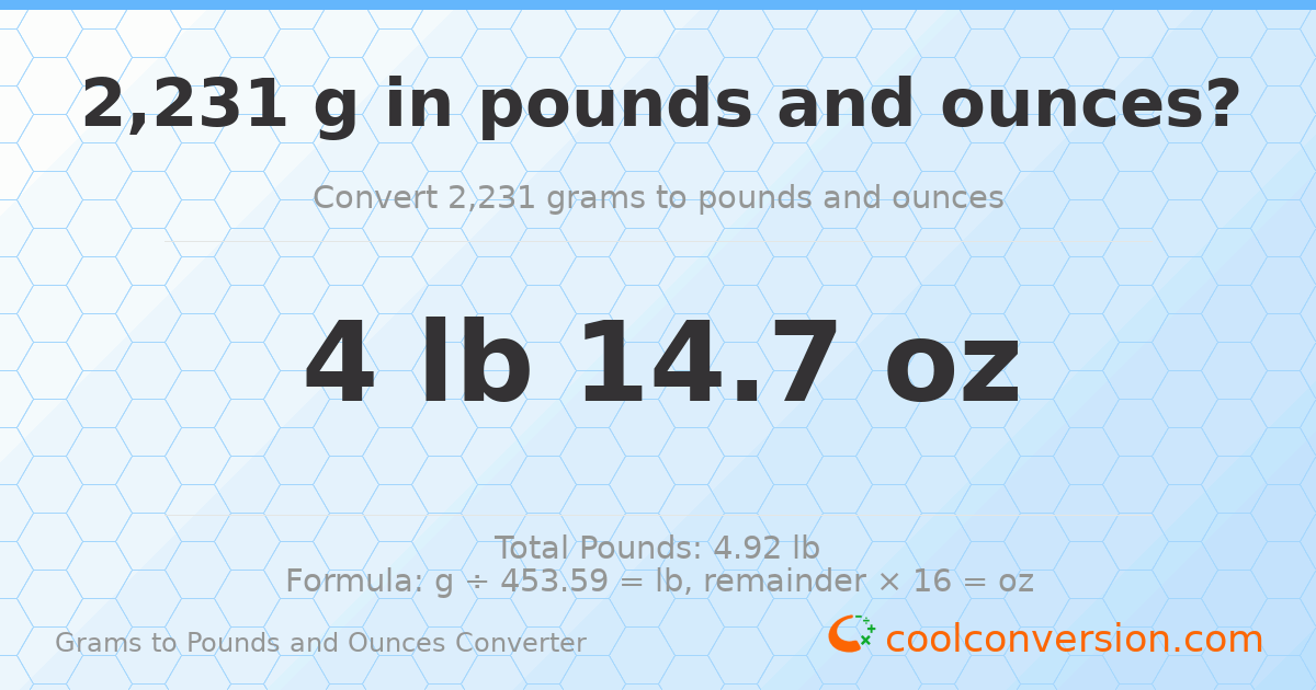 2231 g to lb and oz — 2231 g = 4 lb 14.7 oz