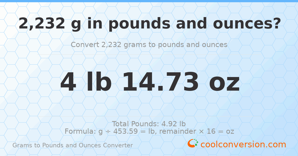 2232 g to lb and oz — 2232 g = 4 lb 14.73 oz