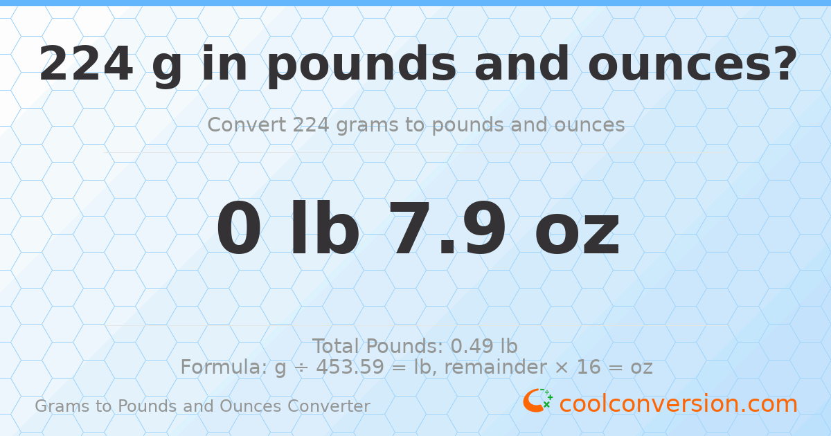 224 g to lb and oz — 224 g = 0 lb 7.9 oz