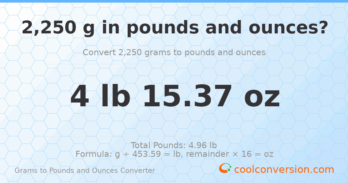 2250 g to lb and oz — 2250 g = 4 lb 15.37 oz