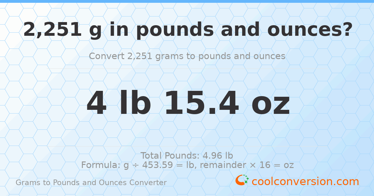 2251 g to lb and oz — 2251 g = 4 lb 15.4 oz