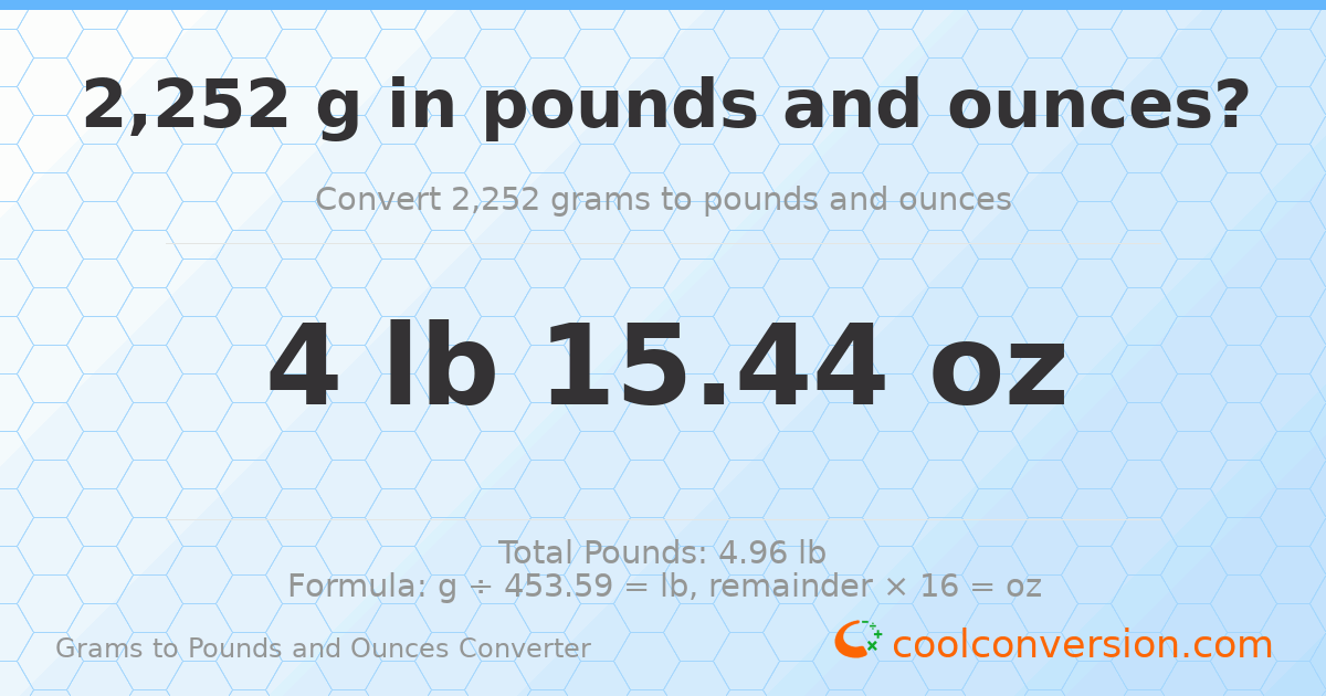 2252 g to lb and oz — 2252 g = 4 lb 15.44 oz